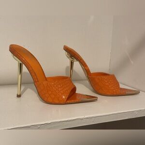 Orange & Gold High Heel  Mule Stiletto Pointed Open Toe Sandals Slides Pump Shoe